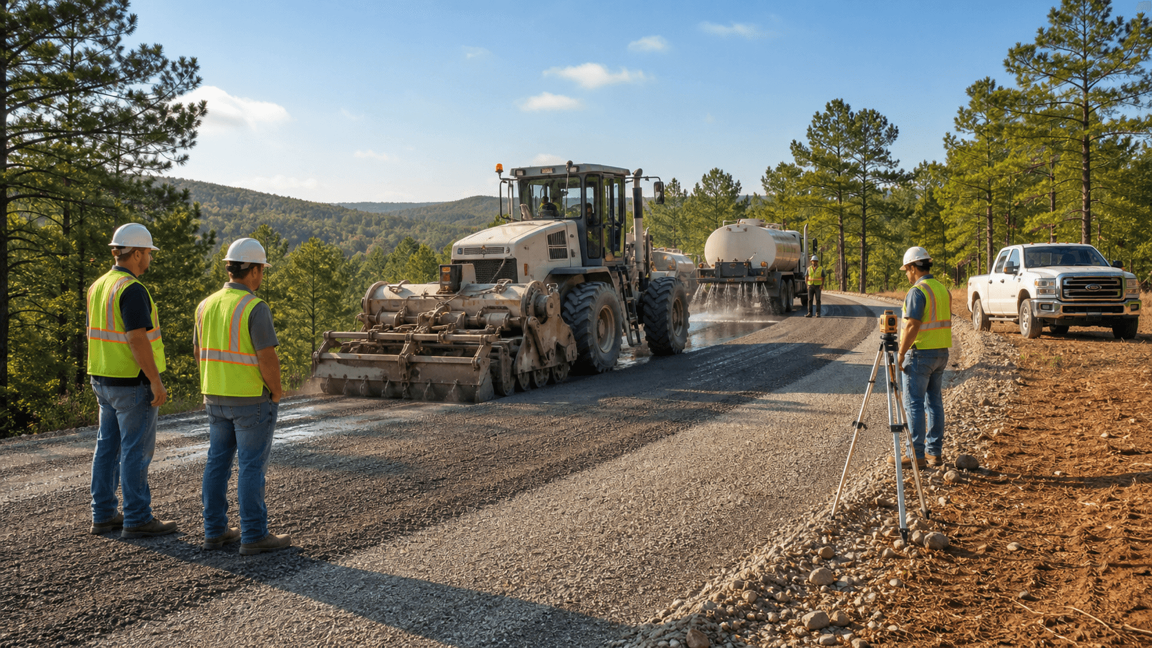 Aerial view of a paved road winding through green forest, with roadwork equipment and fresh asphalt patches in sunlight