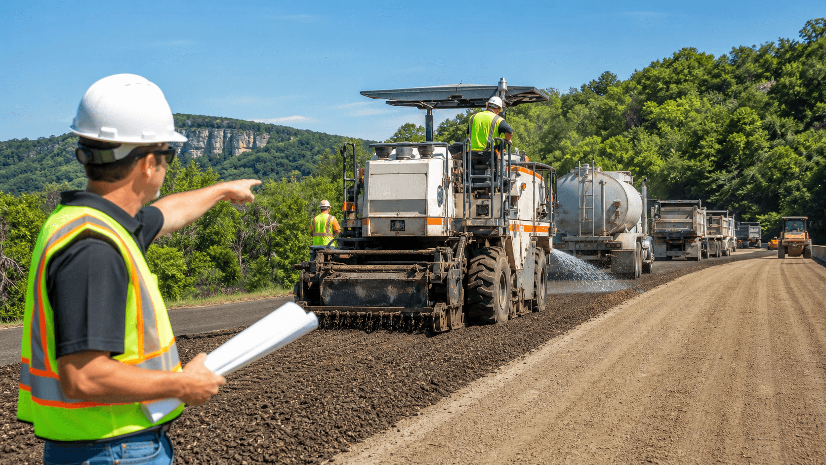 A road crew resurfaces a street with heavy machinery on fresh dark asphalt under a bright sky, orange cones lining.