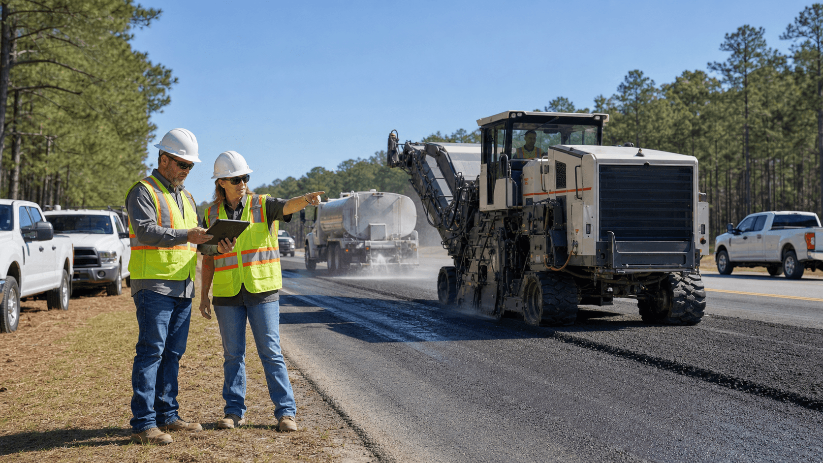 Orange road milling machine reclaims asphalt on a sunny street, with dust clouds and trees in the background