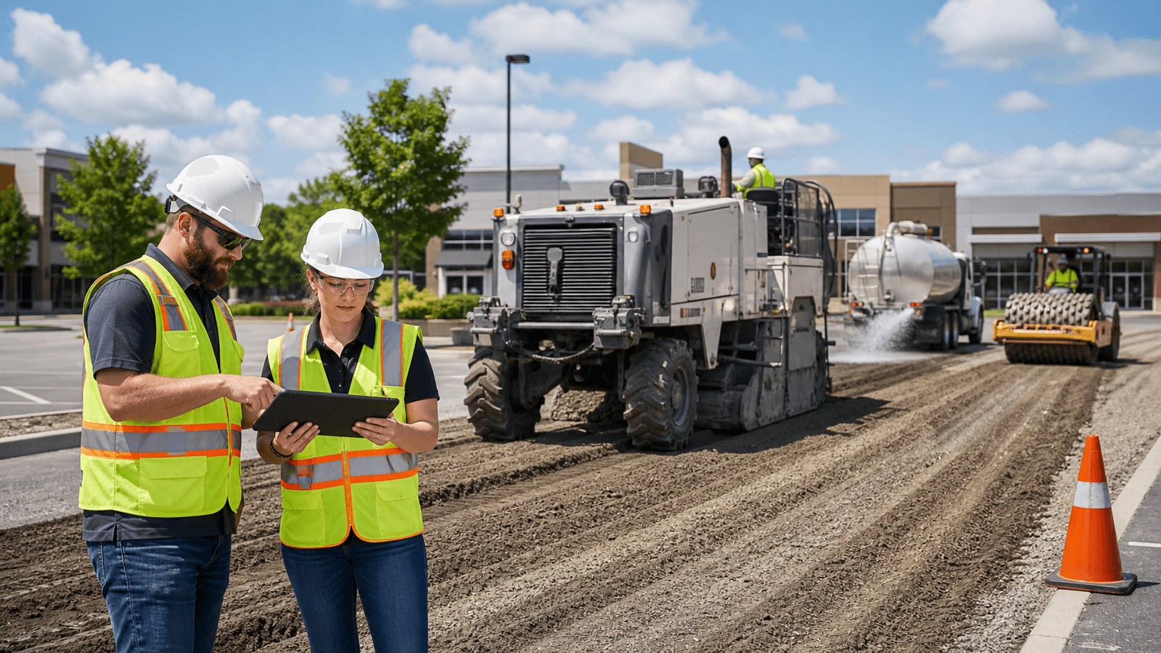 Yellow road recycler churning asphalt in a sunlit parking lot, dust rising with construction cones in view