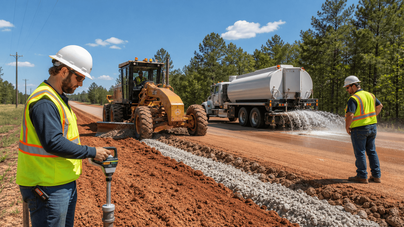 Red clay dirt road with muddy ruts winding through green trees under a bright blue sky, sunlight casting shadows