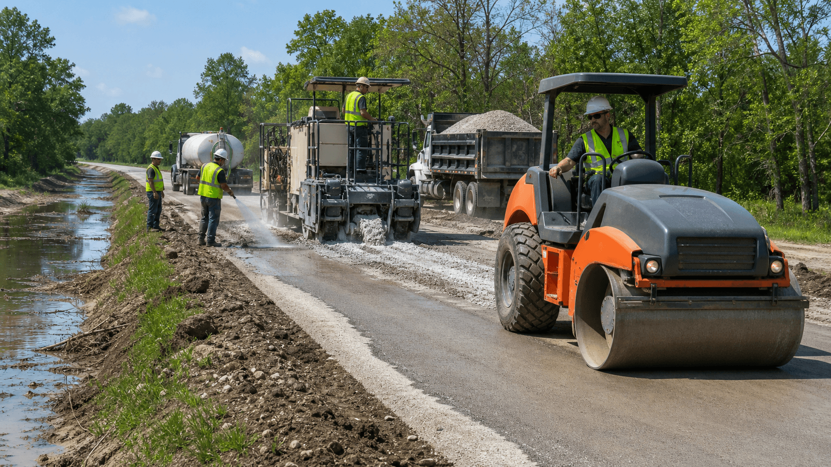 Orange road reclaimer grinds wet asphalt on a flooded street, muddy water reflecting a cloudy spring sky.
