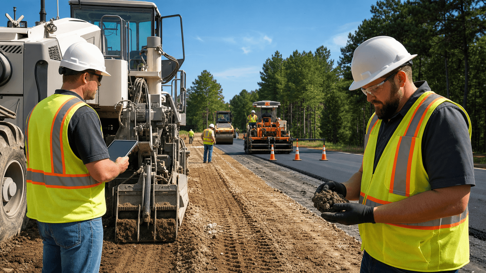 Orange road roller compacting red soil on a sunlit construction site beside a paved roadway under a blue sky