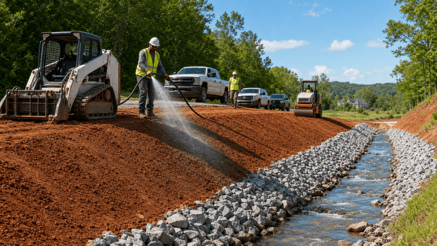 Eroded roadside ditch with exposed red clay, scattered gravel, and orange cones under bright daylight
