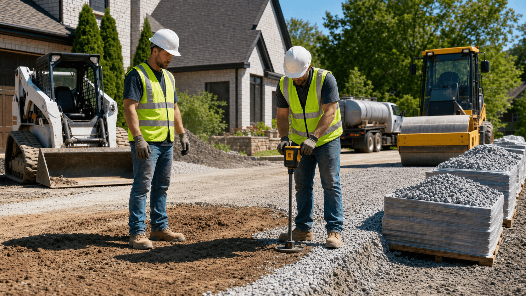 A gravel driveway under construction with a soil compactor, orange cones, and red clay beneath a cloudy sky.