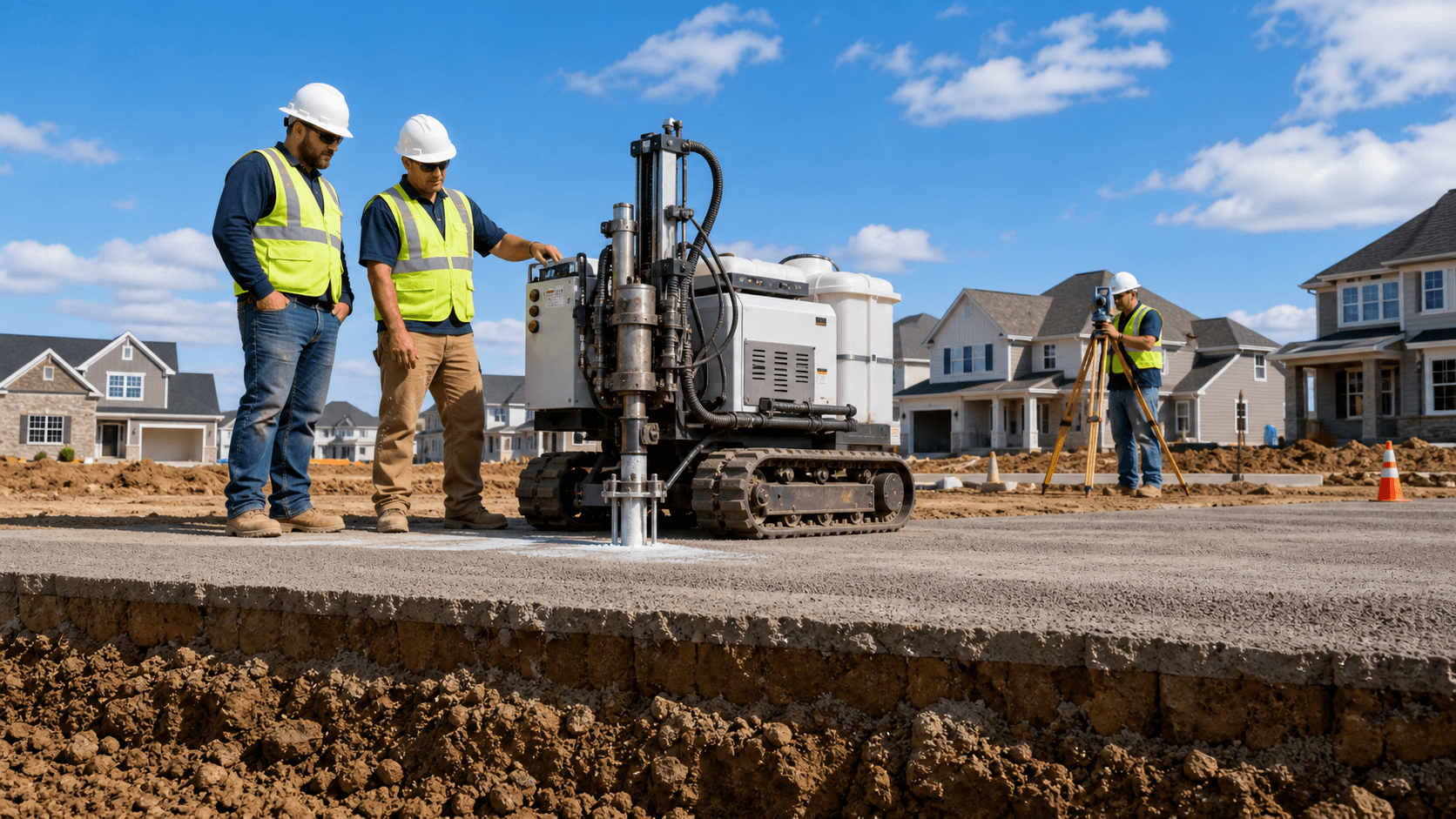 A bulldozer spreads gravel over reddish clay at a suburban construction site under a bright blue sky.