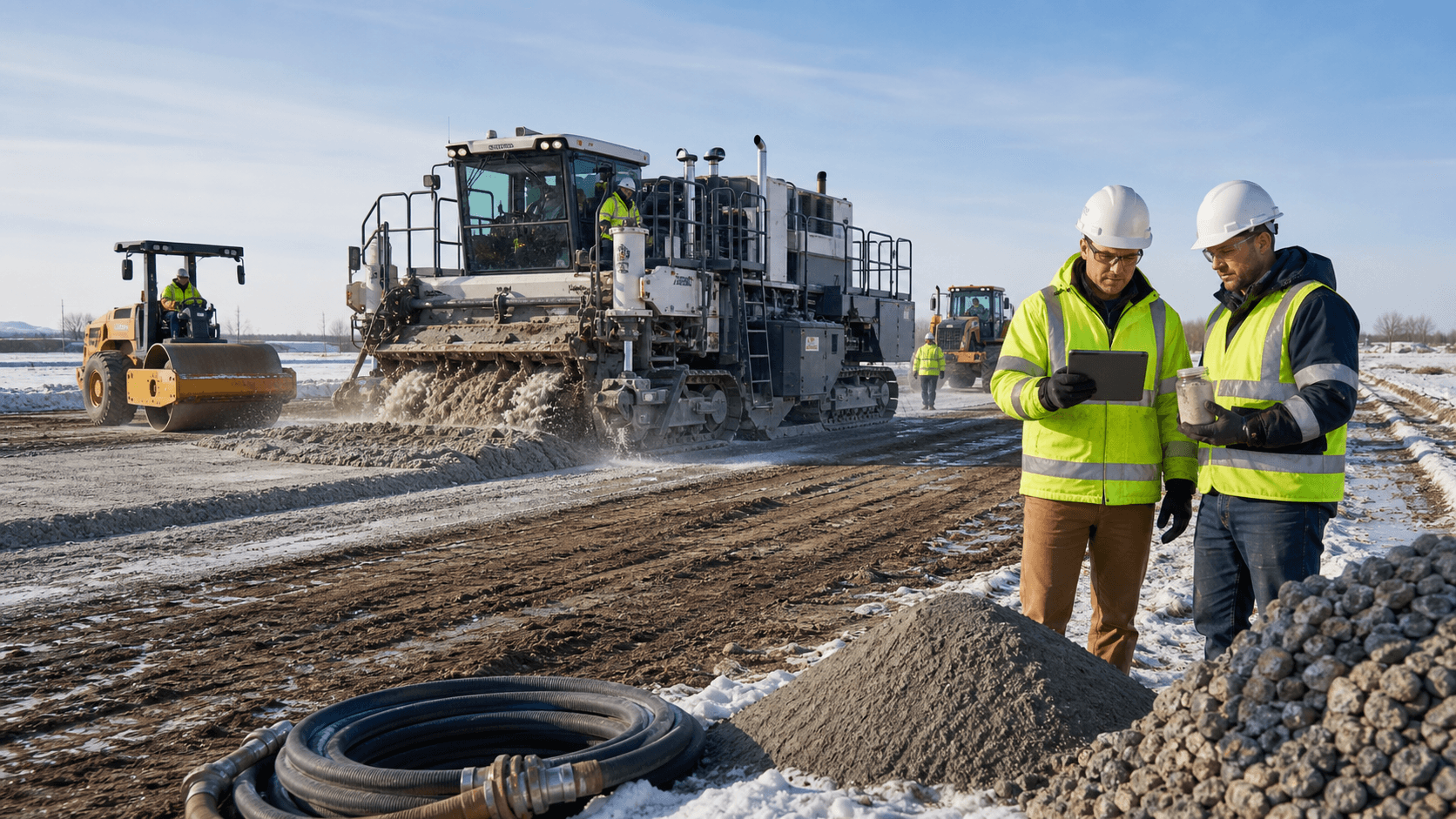 Snowy construction site with muddy ground and an excavator working under a gray winter sky