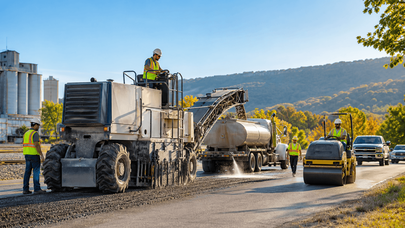 Sunlit Chattanooga street with road milling machine resurfacing asphalt, orange cones lining the work zone.