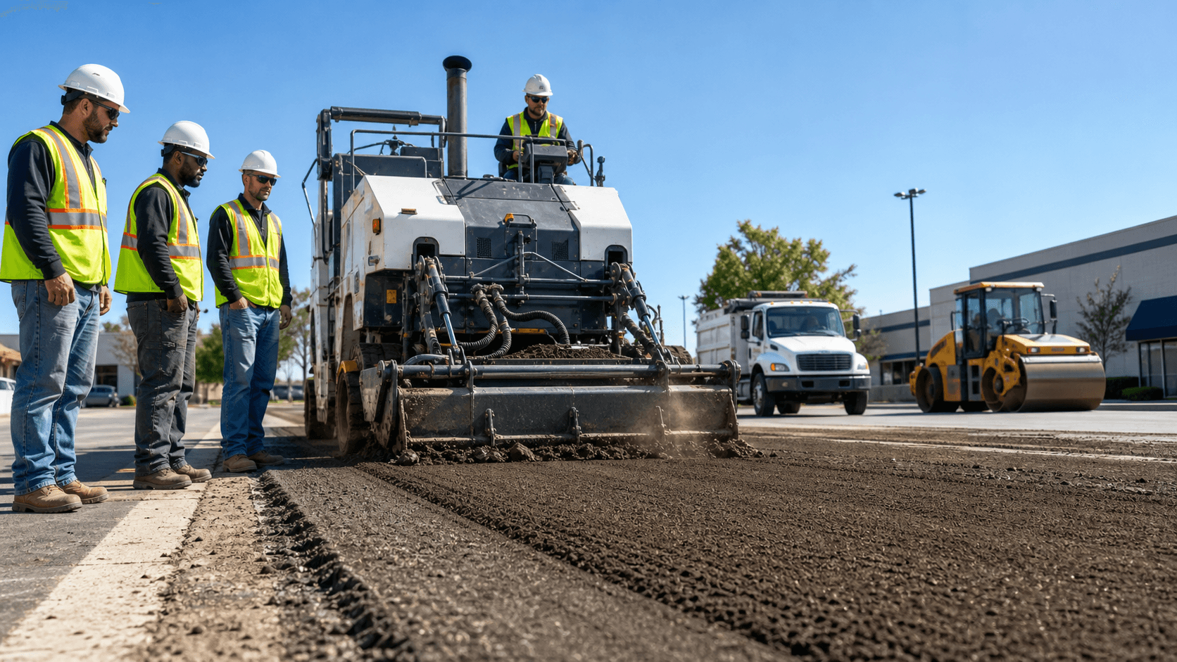 Road crew pulverizes cracked asphalt with a large yellow recycler under a bright blue sky.