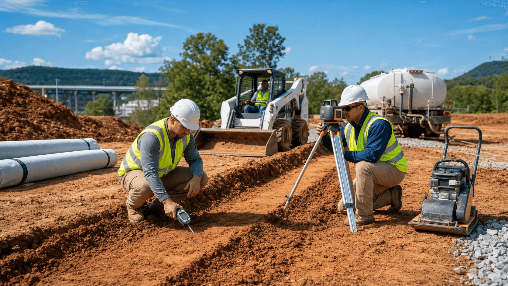 Construction crew leveling reddish soil with a roller and excavator under bright sun, green hills in the background