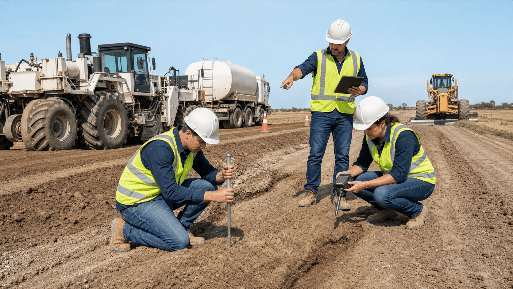 Road construction site with a milling machine tearing up asphalt, dusty gray debris under bright daylight