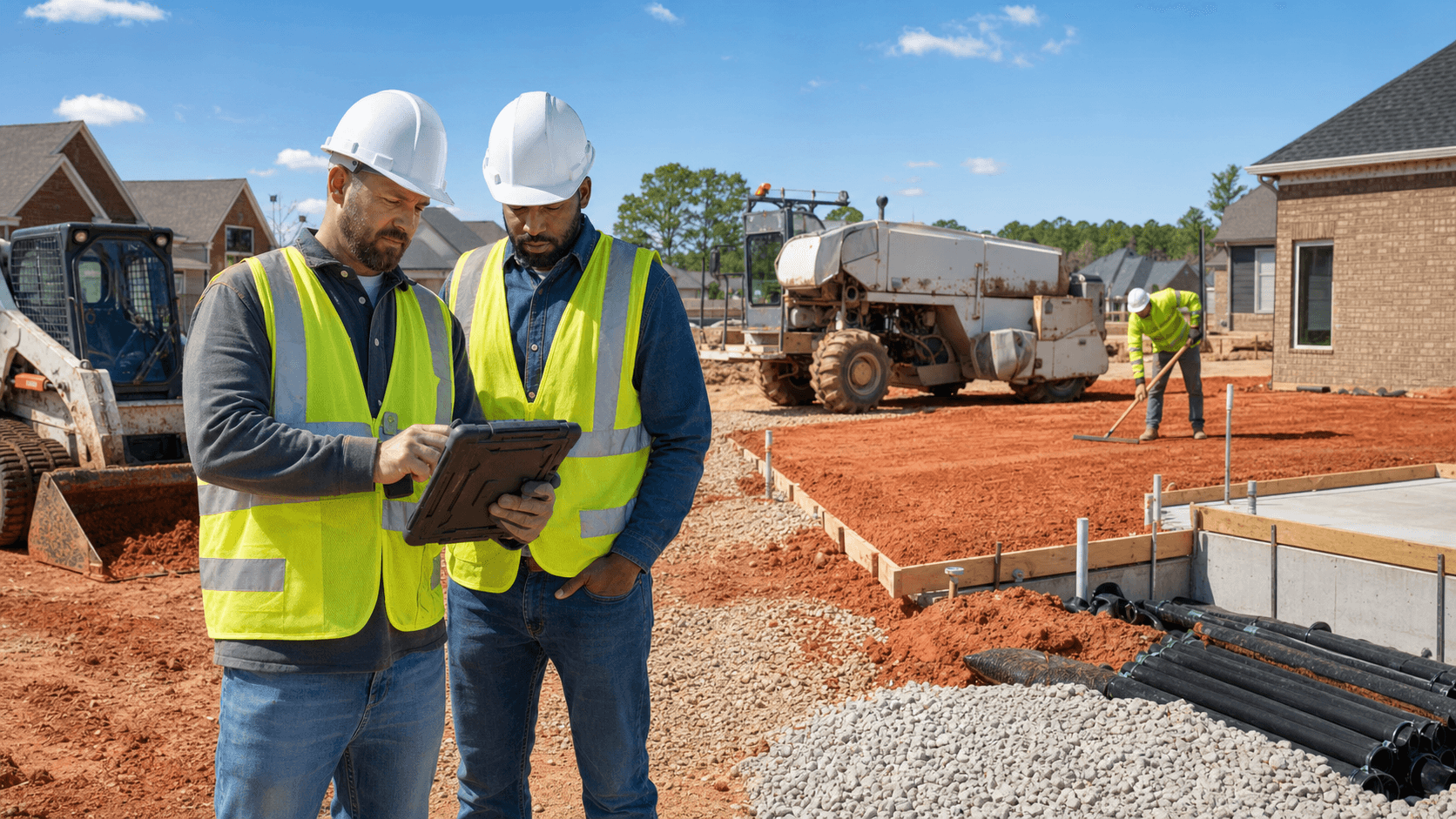 Construction worker in orange vest examines soil with a shovel beside heavy equipment under a clear blue sky