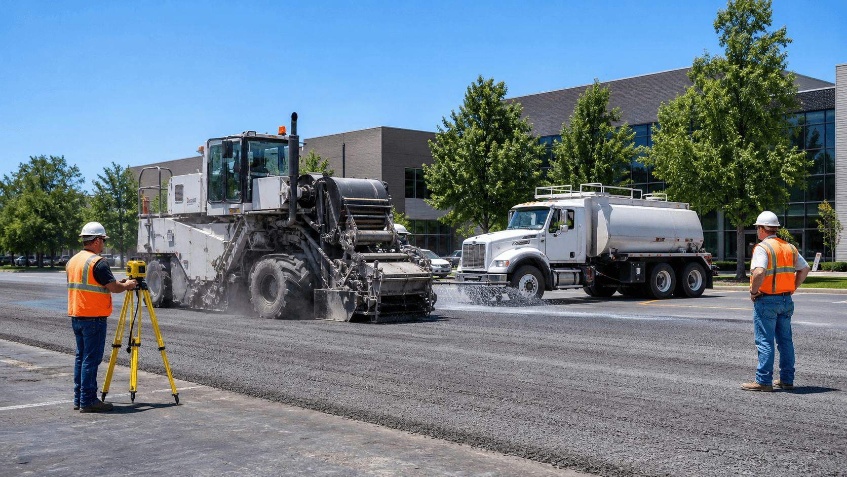 A road milling machine grinds asphalt under bright daylight, with rough black pavement and dust trailing behind.