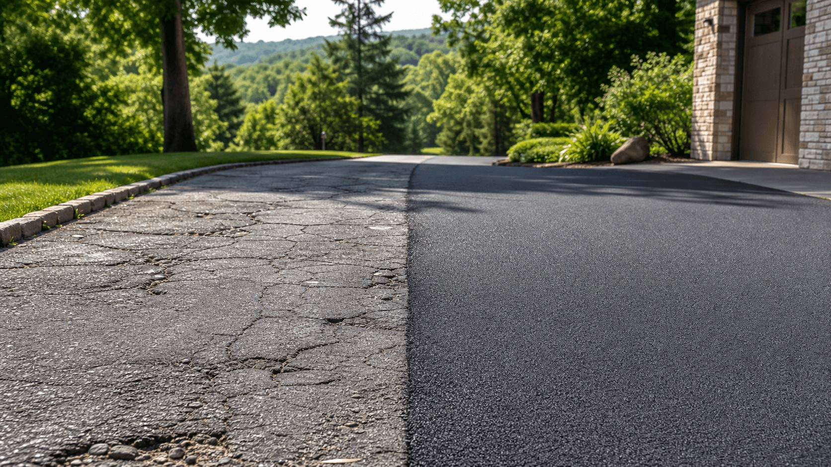 Yellow road reclaimer grinding cracked asphalt on a sunny suburban driveway, dust cloud rising behind it