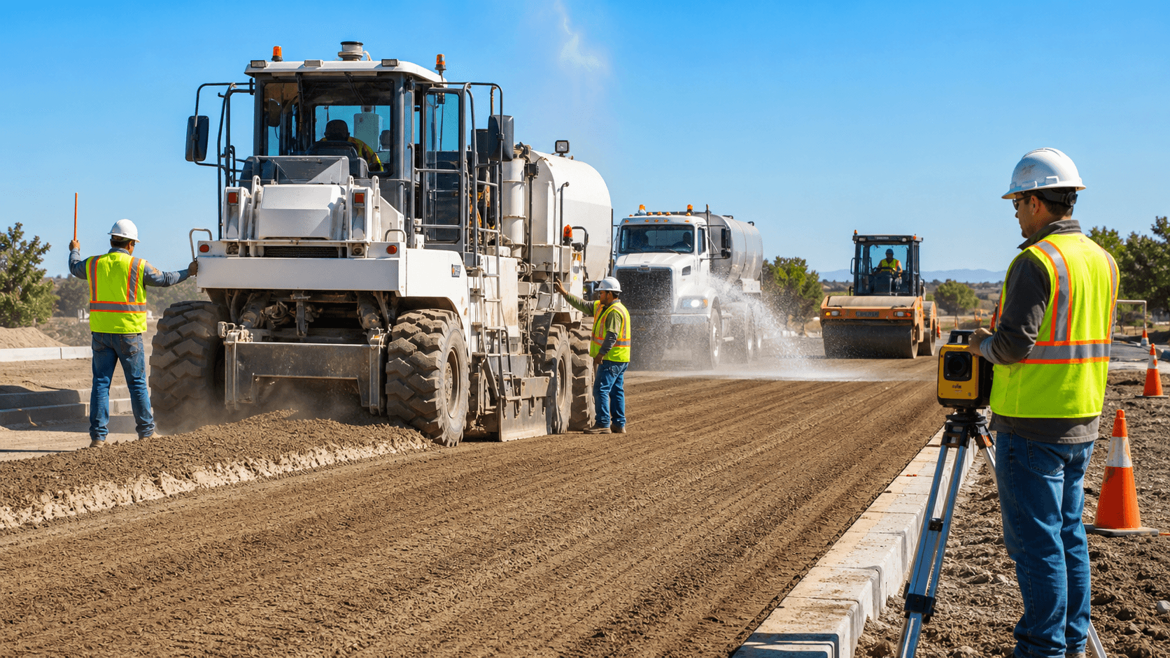 Sunlit construction site with red clay soil, a yellow excavator, and workers in orange vests under a blue sky