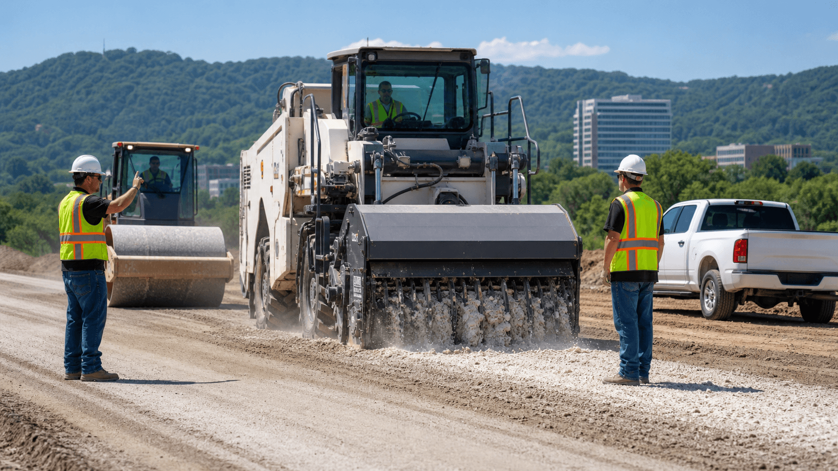 Construction site with orange excavator on a rocky slope, soil piles and retaining wall under bright daylight
