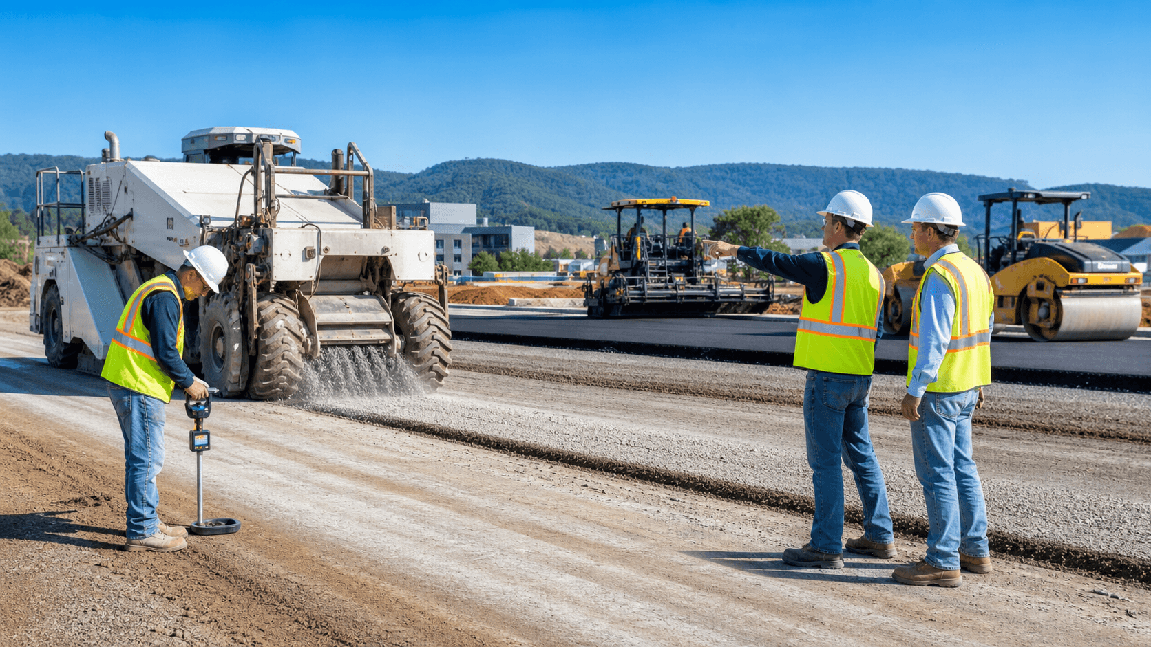 Construction crew compacting gravel base with a roller beside fresh asphalt, orange cones under a bright sky