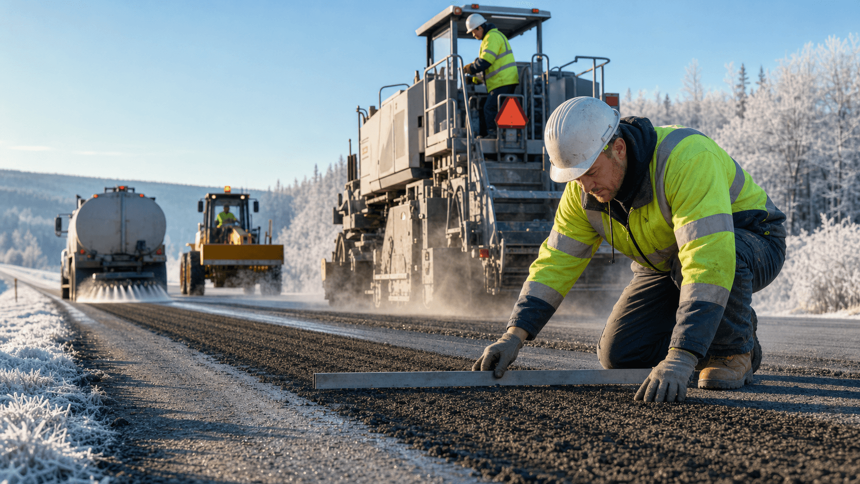 Snow-dusted road construction site with an asphalt recycler machine under gray skies, orange cones lining the lane